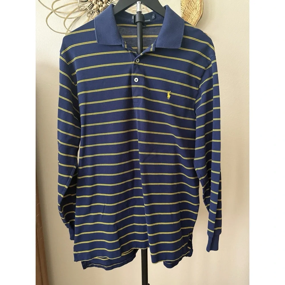 Polo Ralph Lauren Mens M Blue Yellow Striped Long Sleeve Rugby Polo Shirt Cotton